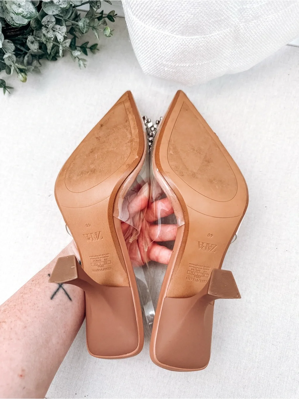 Zara Clear Rhinestone Pointed Toe Kitten Heel Mules Size US 9| EU 40